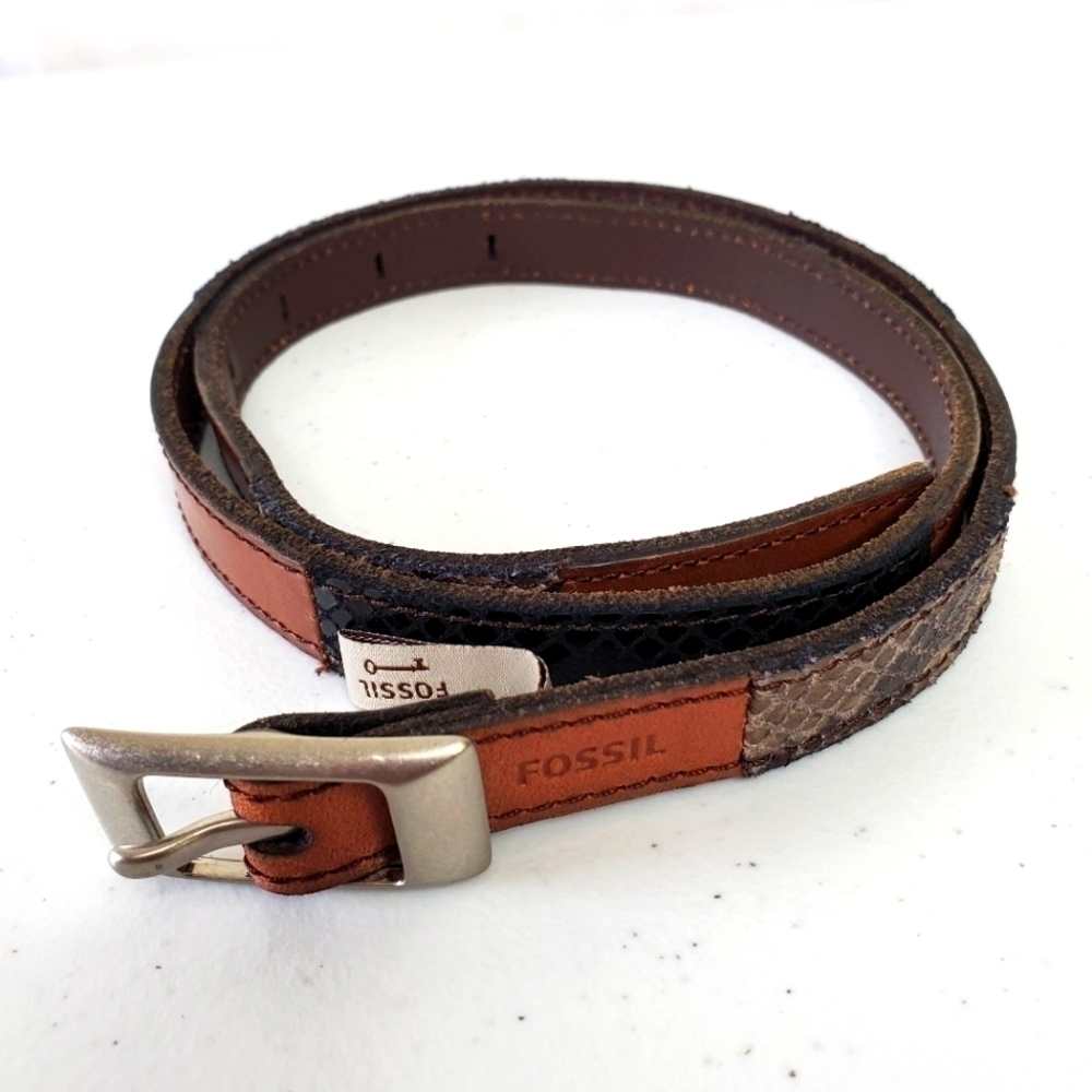 Fossil Leather Patchwork Snake Print‎ Skinny Belt Size Small Retro Colorblock